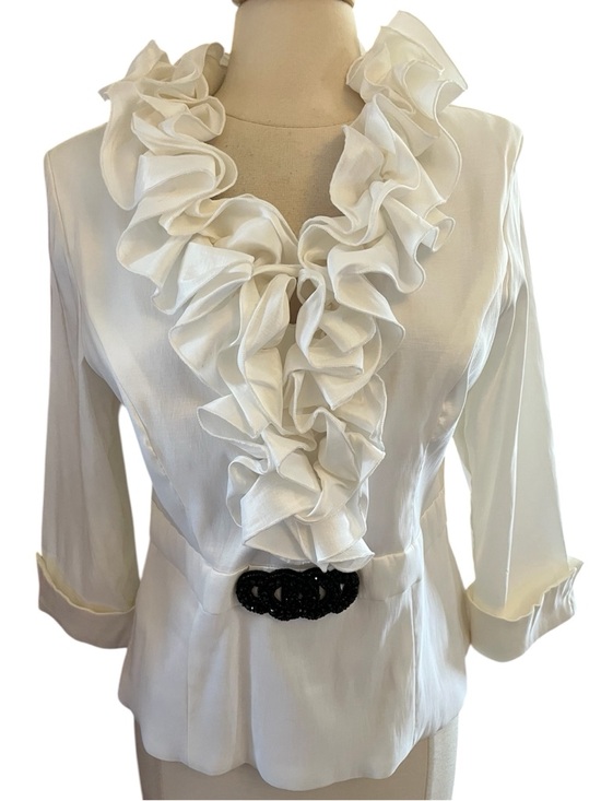 Danny Couture New York Tops - Danny Couture White V- Neck Blouse tiered ruffle collar,black jeweled buckle XL